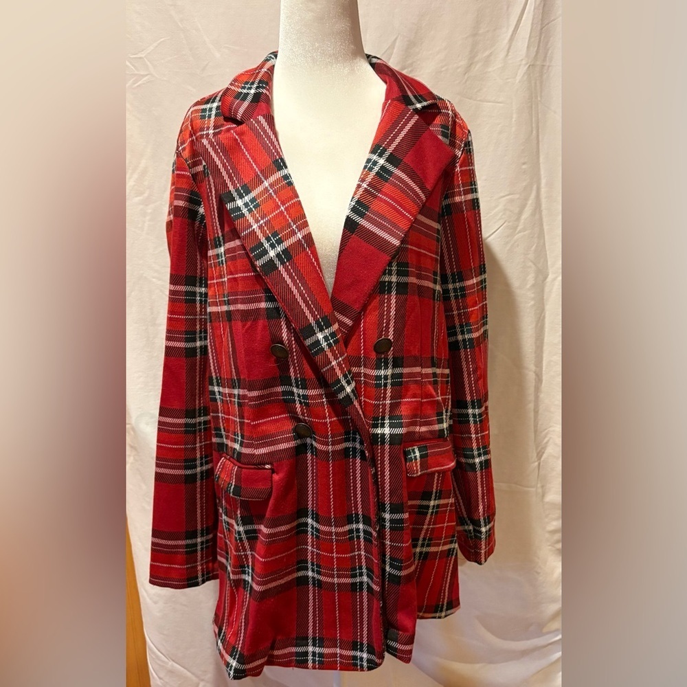 Maurices double-breasted red plaid blazer women’s L